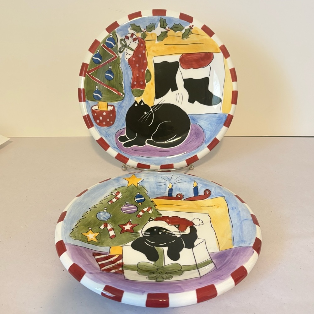 Vintage 2002 Hausenware Mary Jane Mitchell Black Cat Christmas Plates Folk Art 2